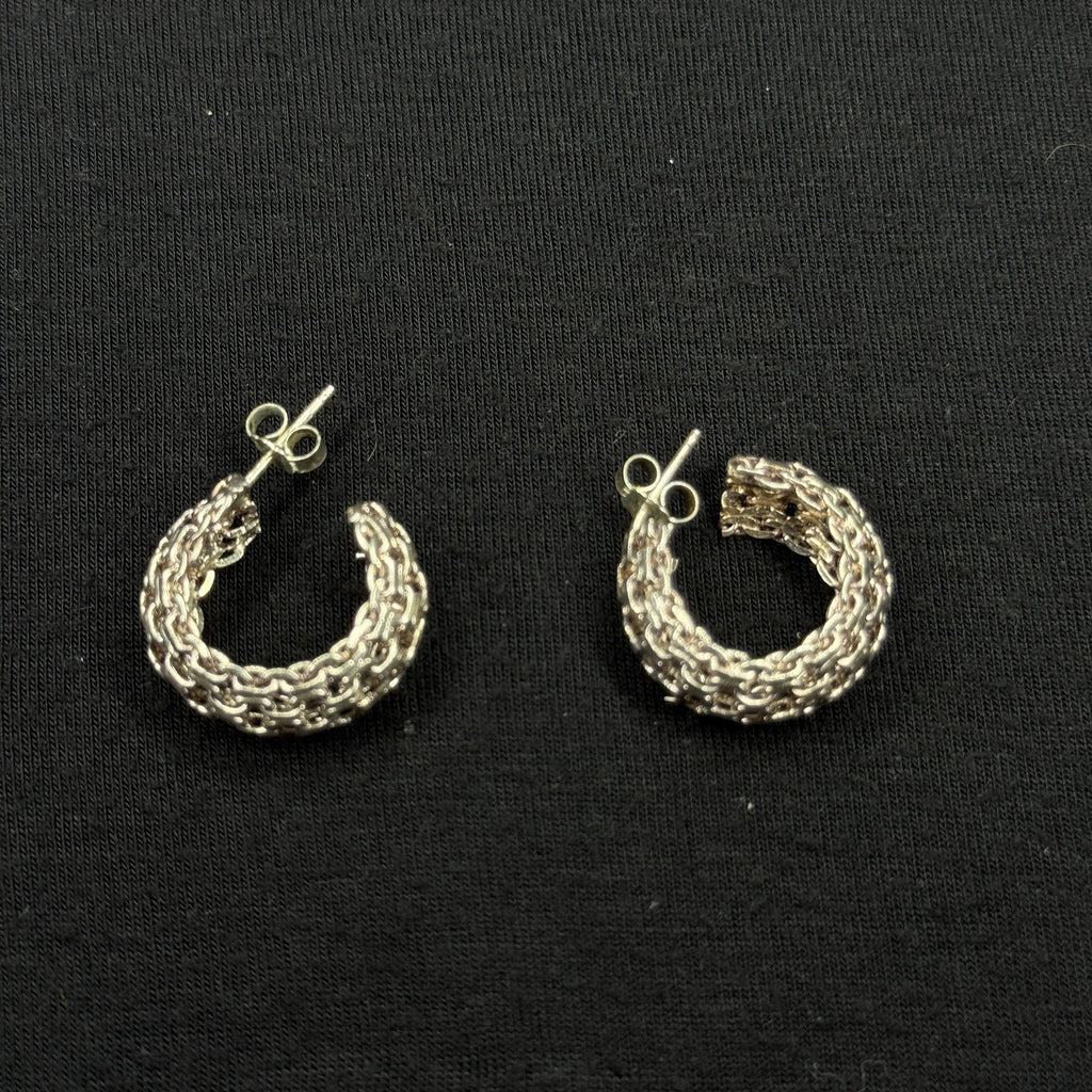 Estate Sterling Silver Earrings Wide Mesh Hoop Stud 925