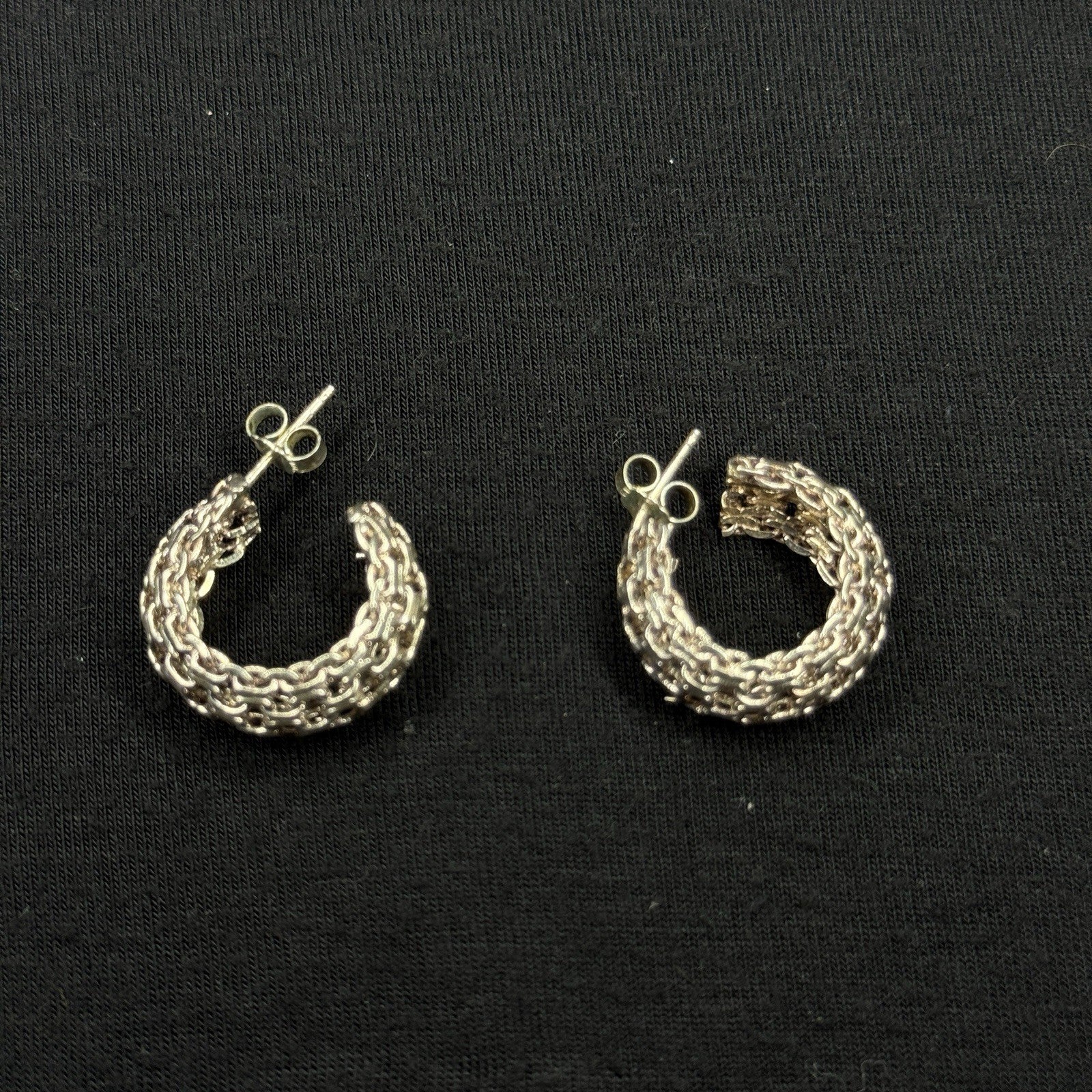 Estate Sterling Silver Earrings Wide Mesh Hoop Stud 925