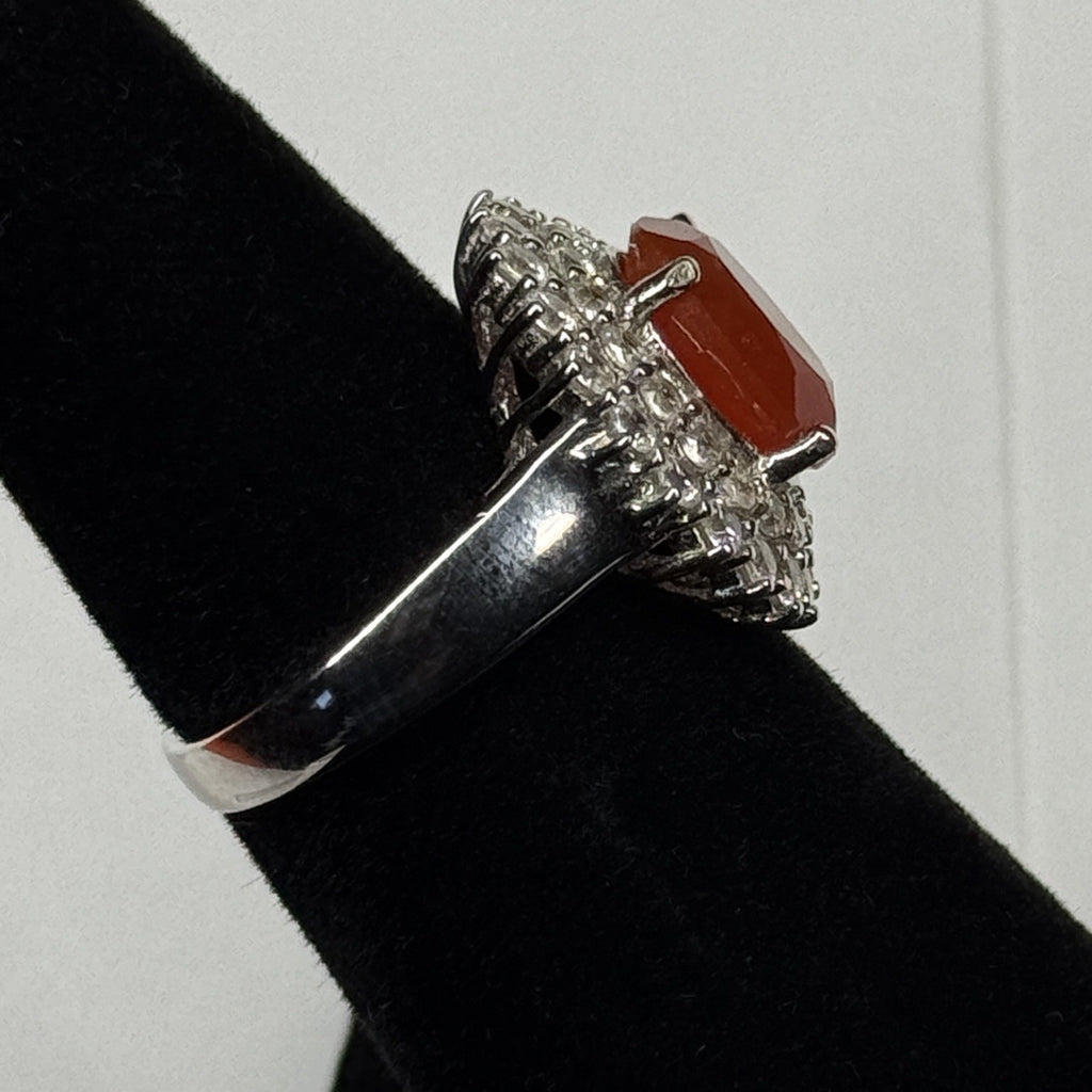Estate Sterling Silver Carnelian Agate CZ Halo Ring Size 4.75