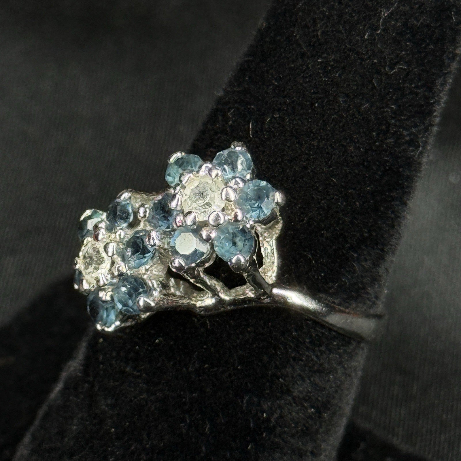 Estate Sterling Silver Ring Double Flower Cluster Blue Size 6 925