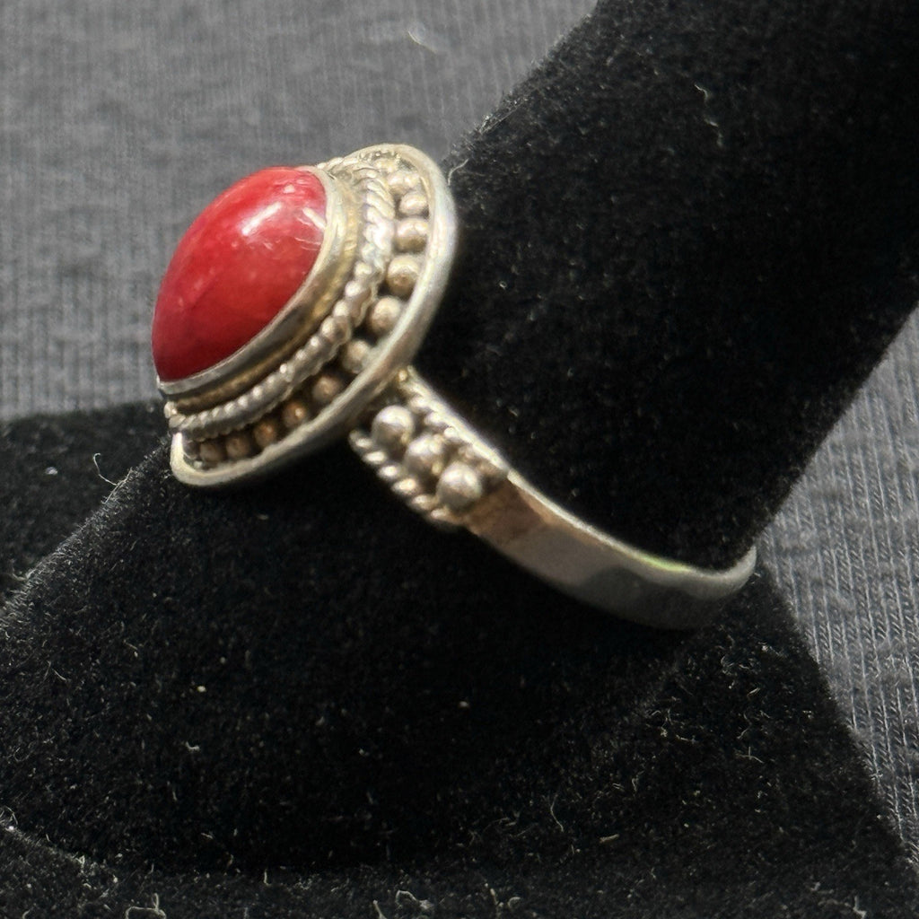 Boho Red Coral Pear Cabochon Sterling Silver Ring Size 8 925