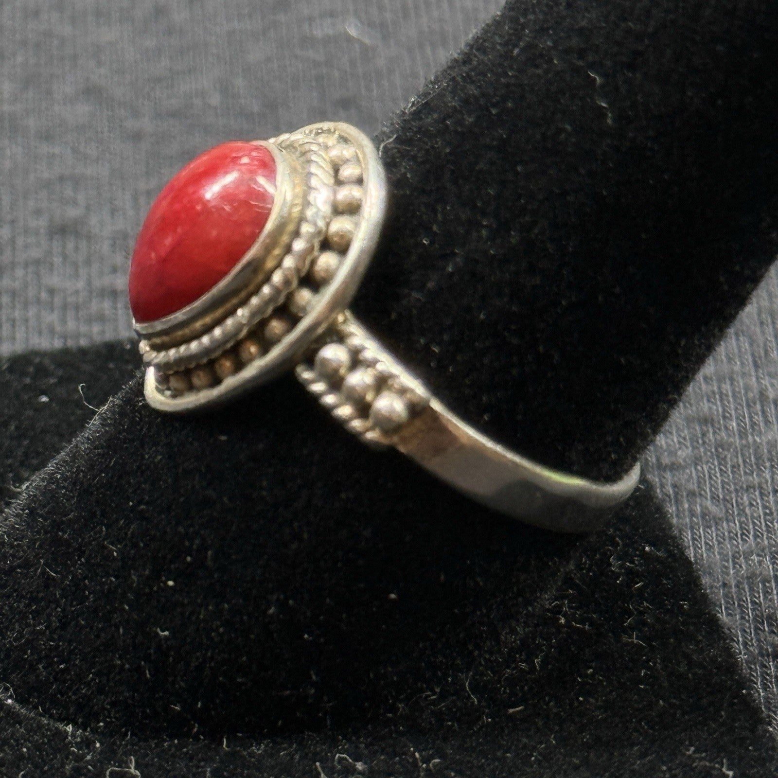 Boho Red Coral Pear Cabochon Sterling Silver Ring Size 8 925