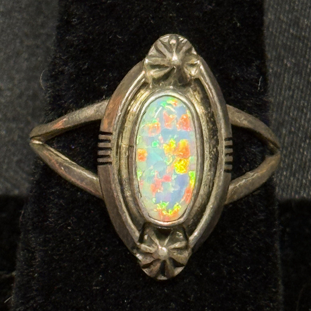 Native Running Bear Sterling Silver Ring White Fire Opal Signed RB Size 7.5