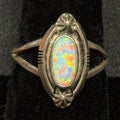 Native Running Bear Sterling Silver Ring White Fire Opal Signed RB Size 7.5