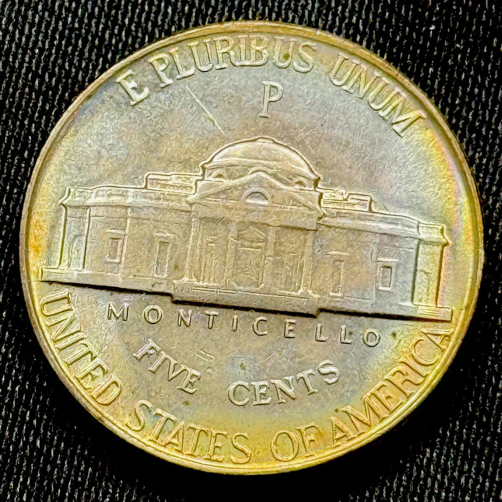 1944 P War Nickel BU Monster Rainbow Toned Silver WWII Jefferson Stunning Color