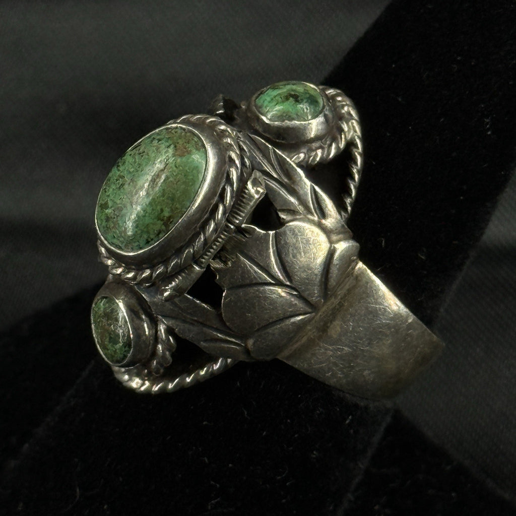 Estate Sterling Silver Pill Ring Green Turquoise Mexico Size 8 925