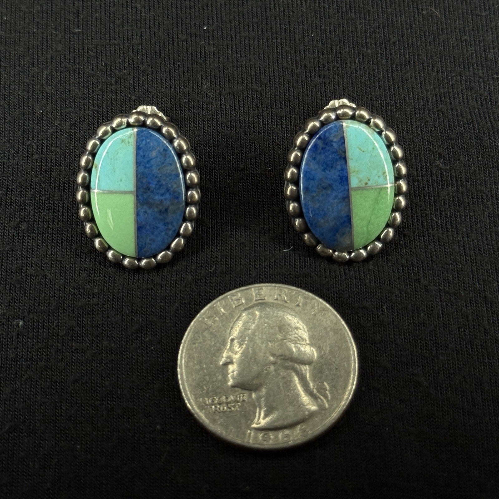 Carolyn Pollack Estate Sterling Silver Earrings Turquoise Lapis Inlay Stud 925