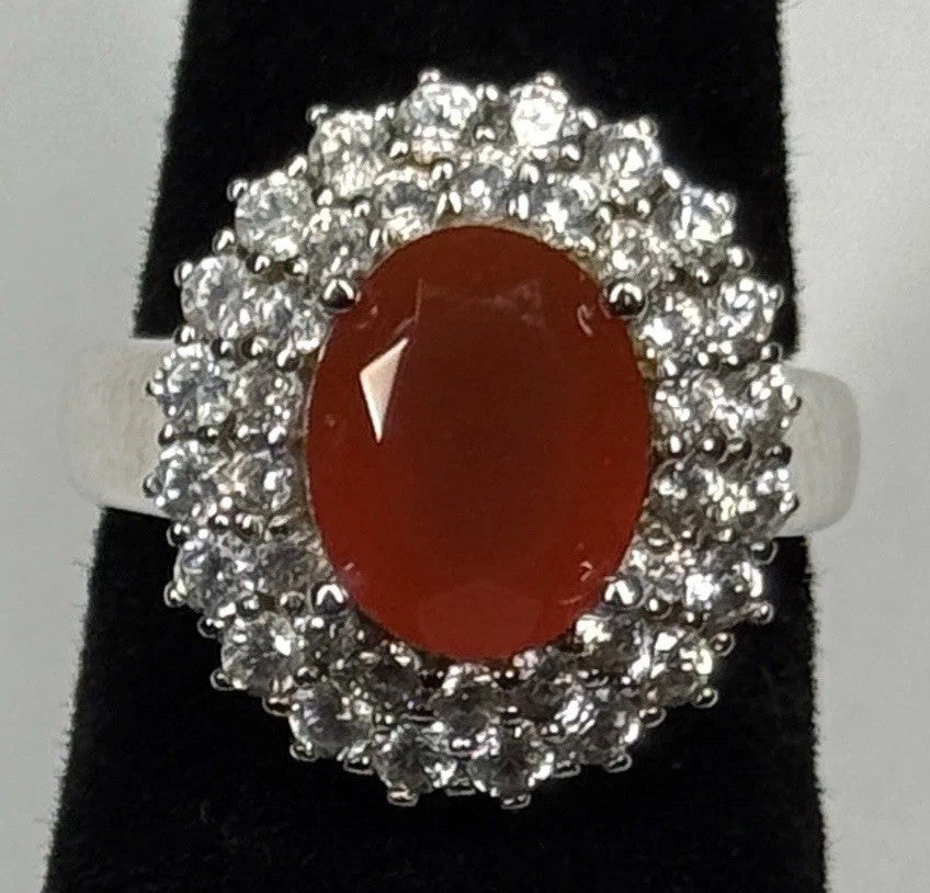Estate Sterling Silver Carnelian Agate CZ Halo Ring Size 4.75