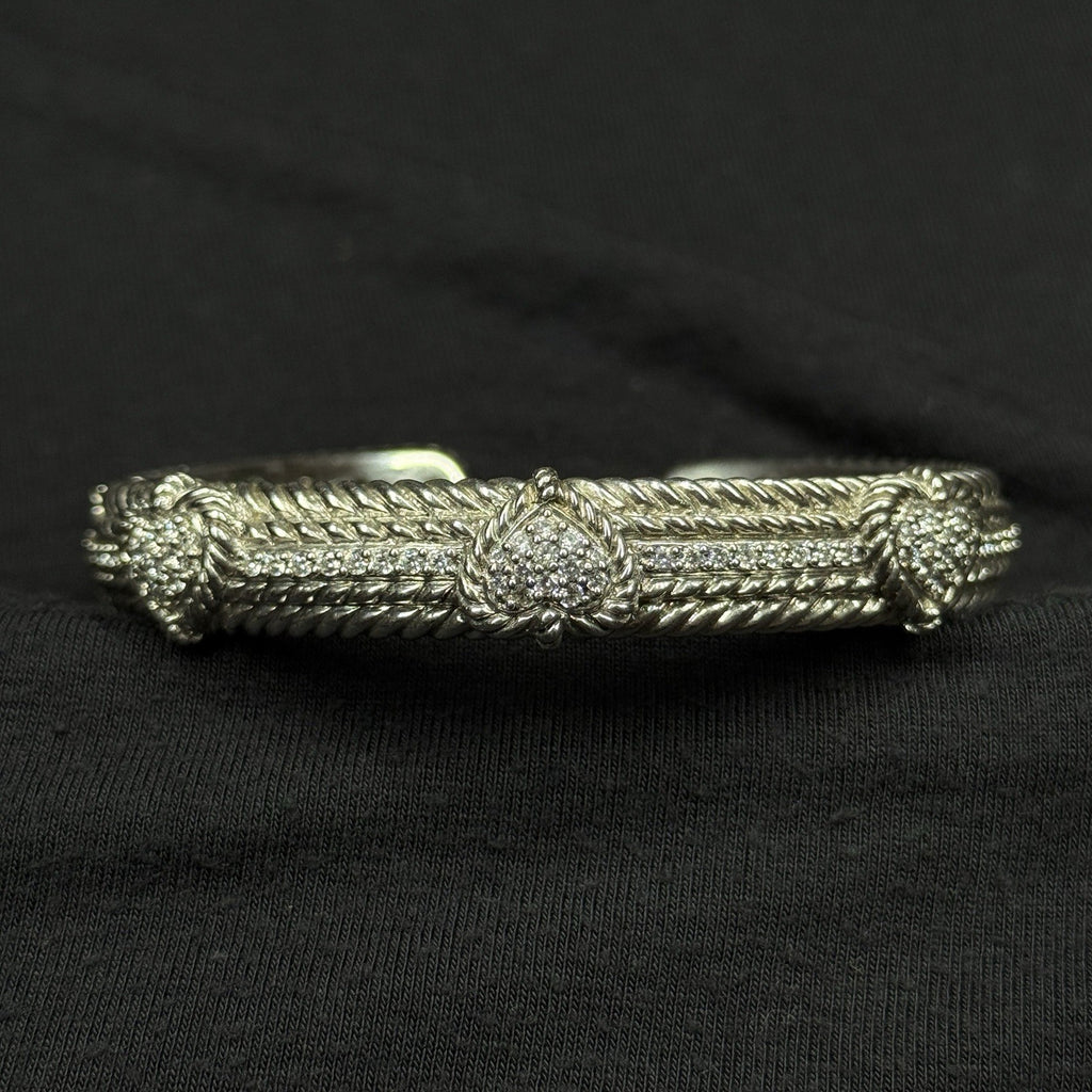 Estate Judith Ripka Sterling Silver Cuff Bracelet 3 Heart Design CZ