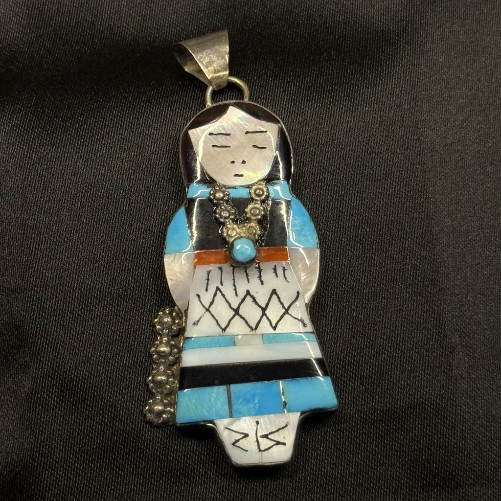 Native American Sterling Silver Pendant Zuni Maiden Inlay Signed Joyce Waseta