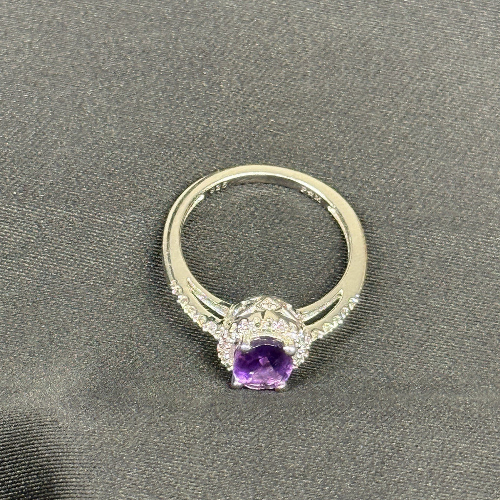 Estate Sterling Silver Ring Stone Purple Amethyst CZ Halo SZ 7 925
