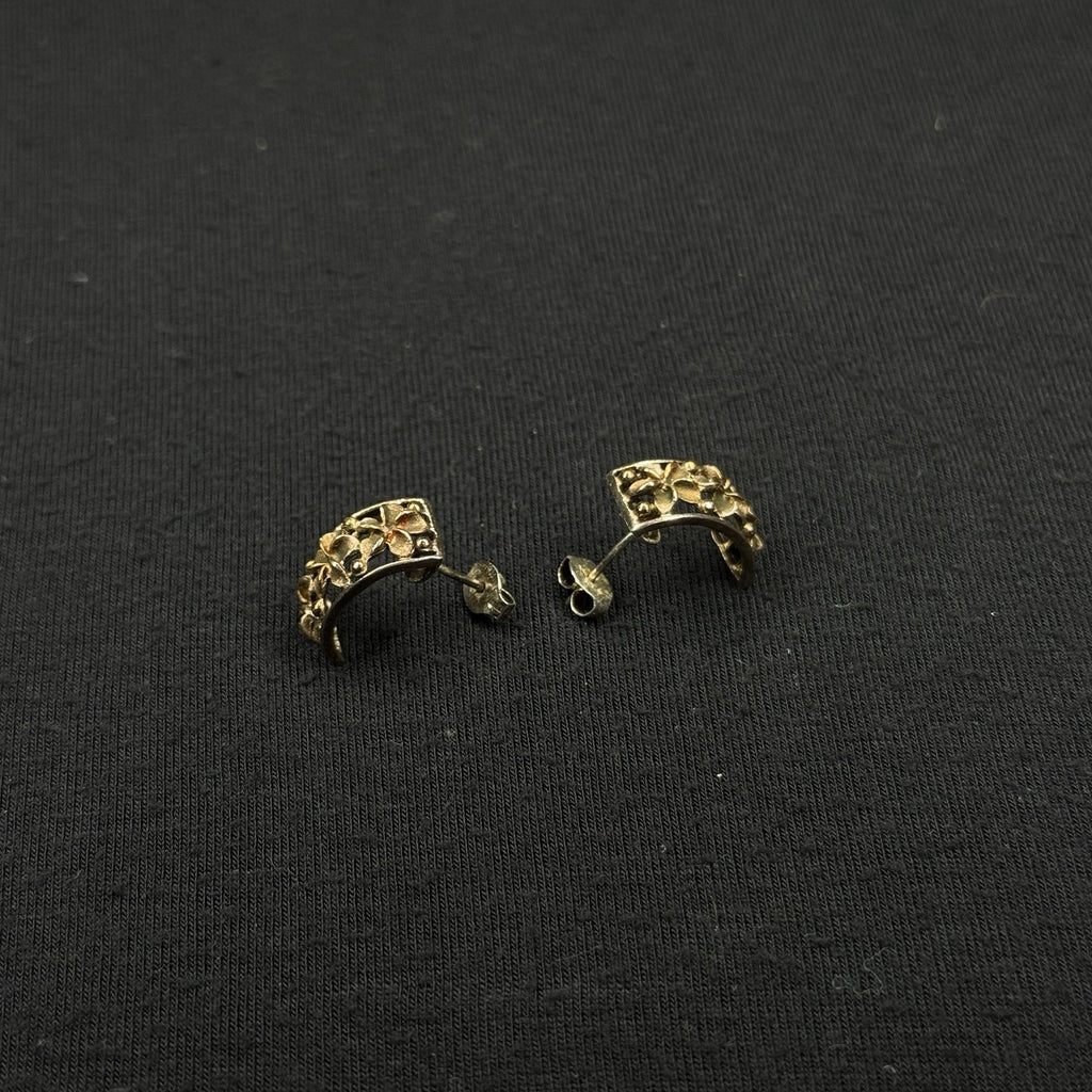 Estate Sterling Silver Earrings Flower Half Hoop 925 A