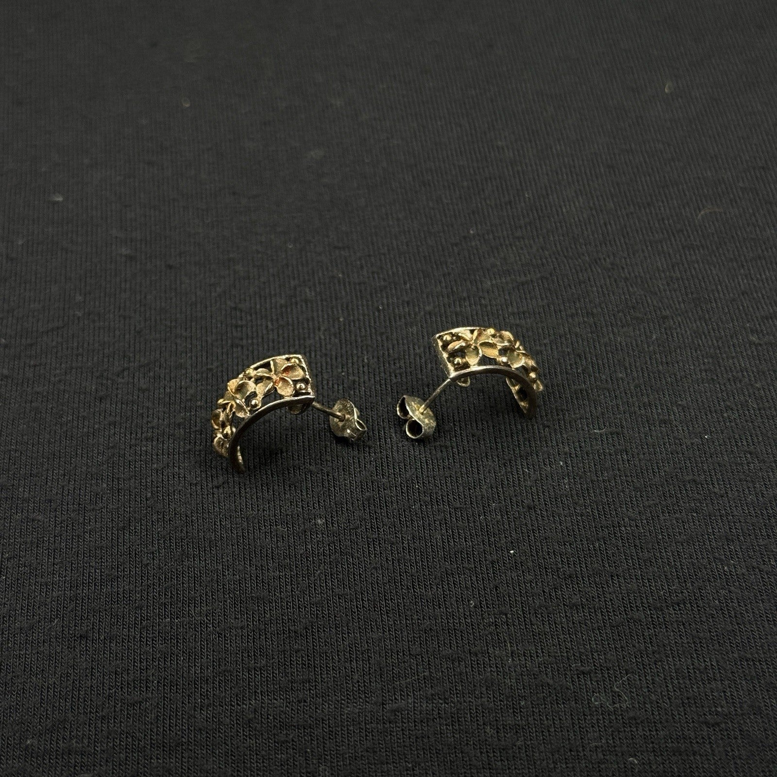 Estate Sterling Silver Earrings Flower Half Hoop 925 A