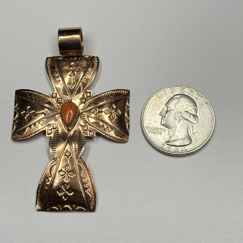 Running Bear Copper Spiny Oyster Stone Cross Pendant Stamped RB 925 Native