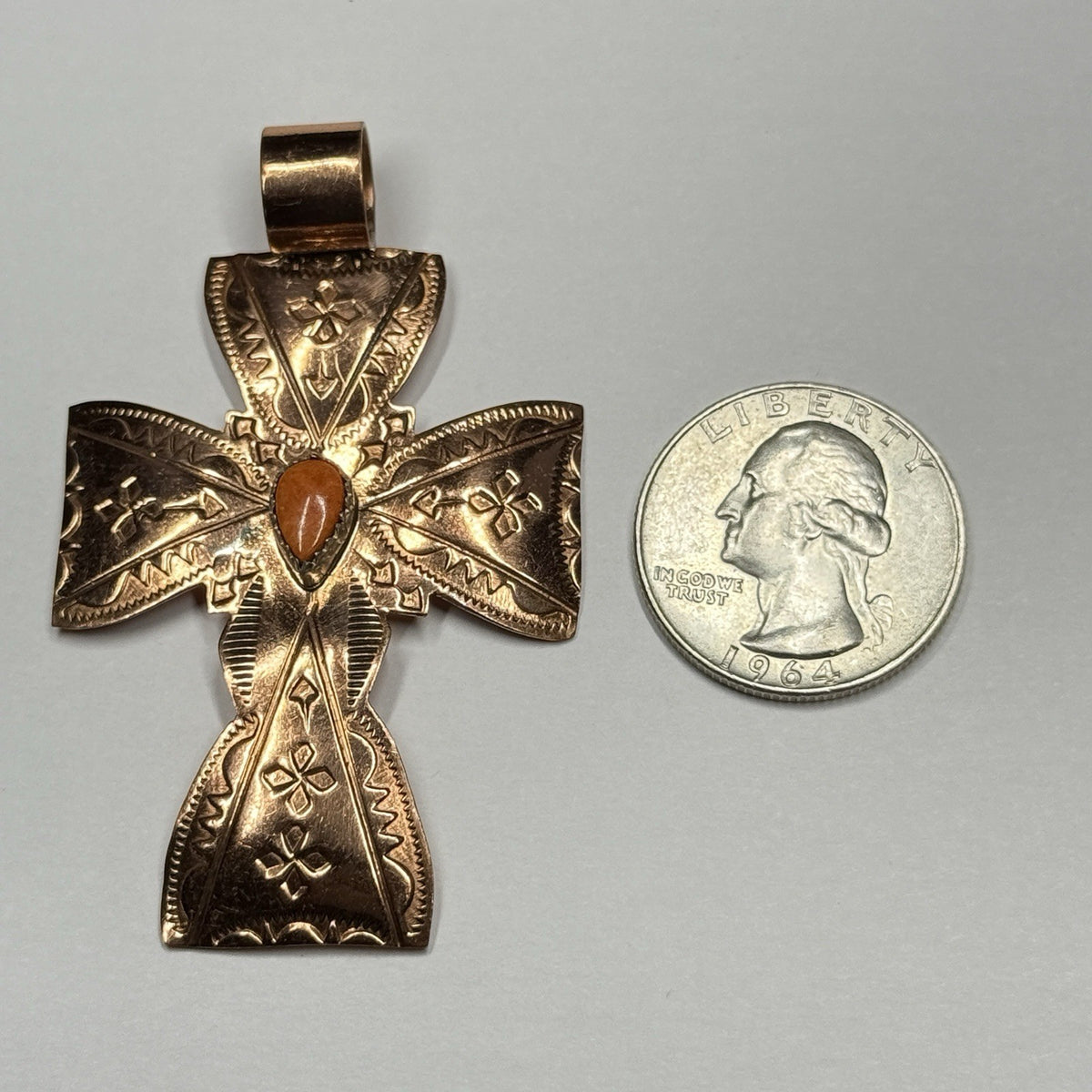 Running Bear Copper Spiny Oyster Stone Cross Pendant Stamped RB 925 Native