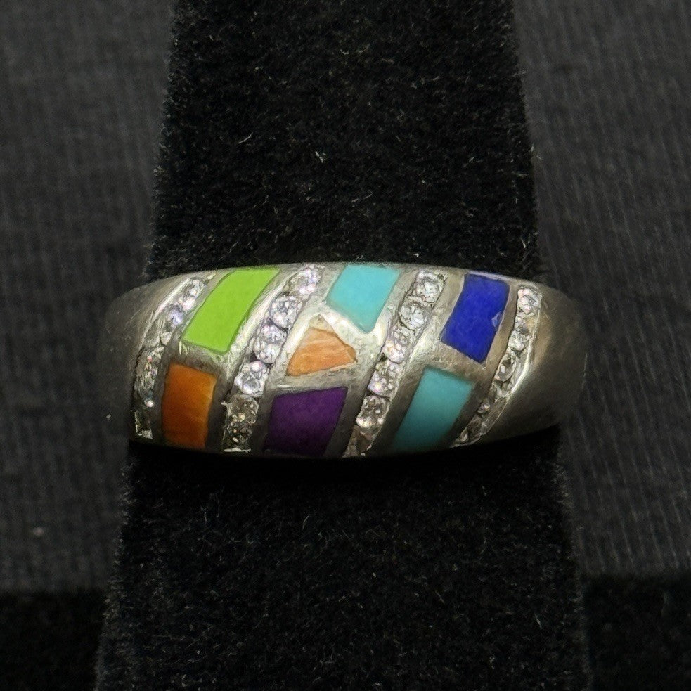 Estate Sterling Silver Stone Inlay CZ Ring Band Size 6 925