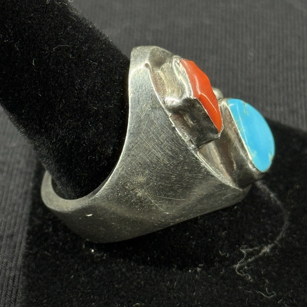 Native Turquoise Coral Large HEAVY Sterling Silver Ring Size 10 925