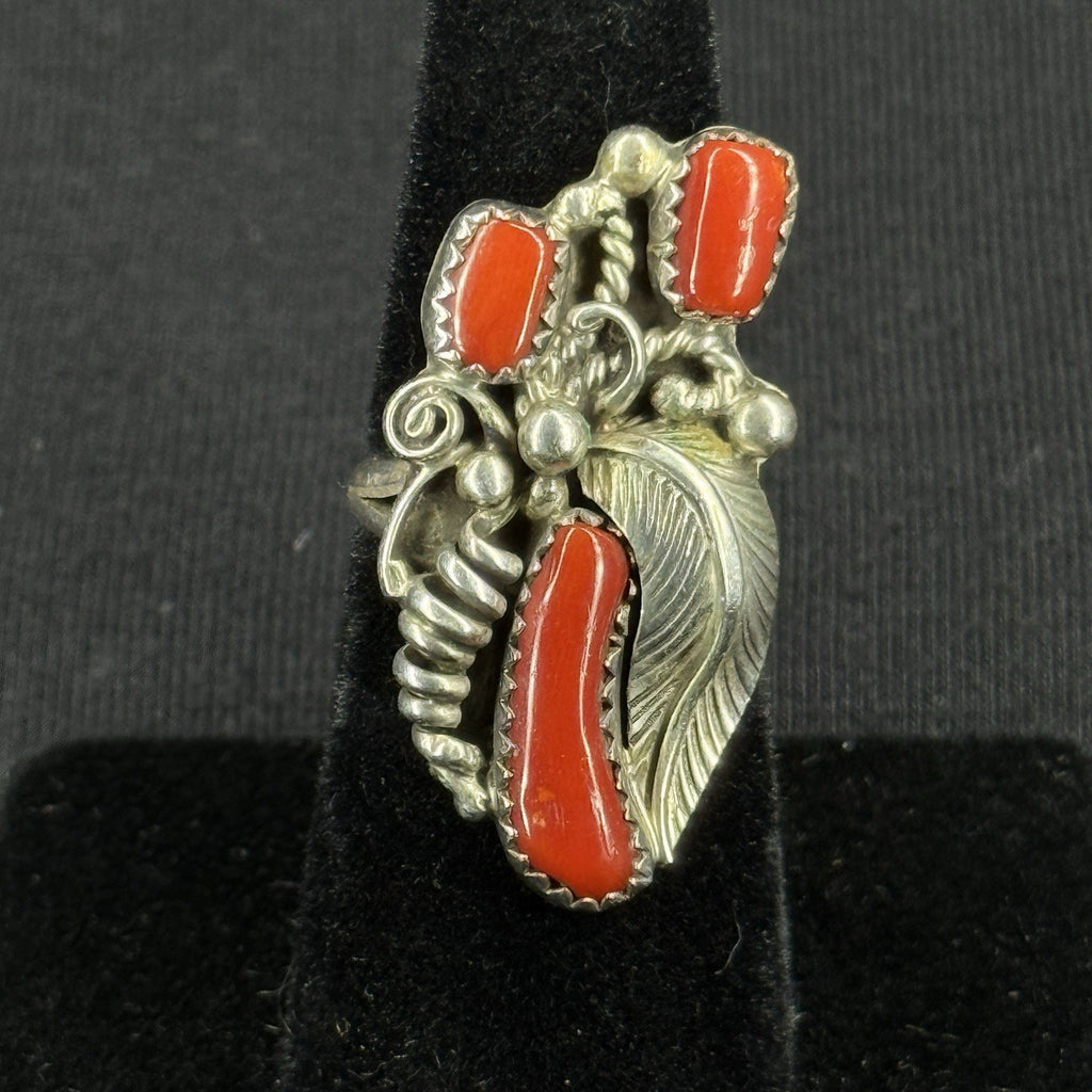 Native Red Coral Feather Vine Sterling Silver Ring Size 5.5 925 XZR