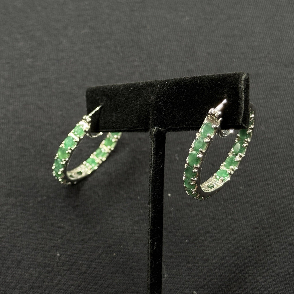 Estate Sterling Silver Earrings Emerald Hoop Djoy 925
