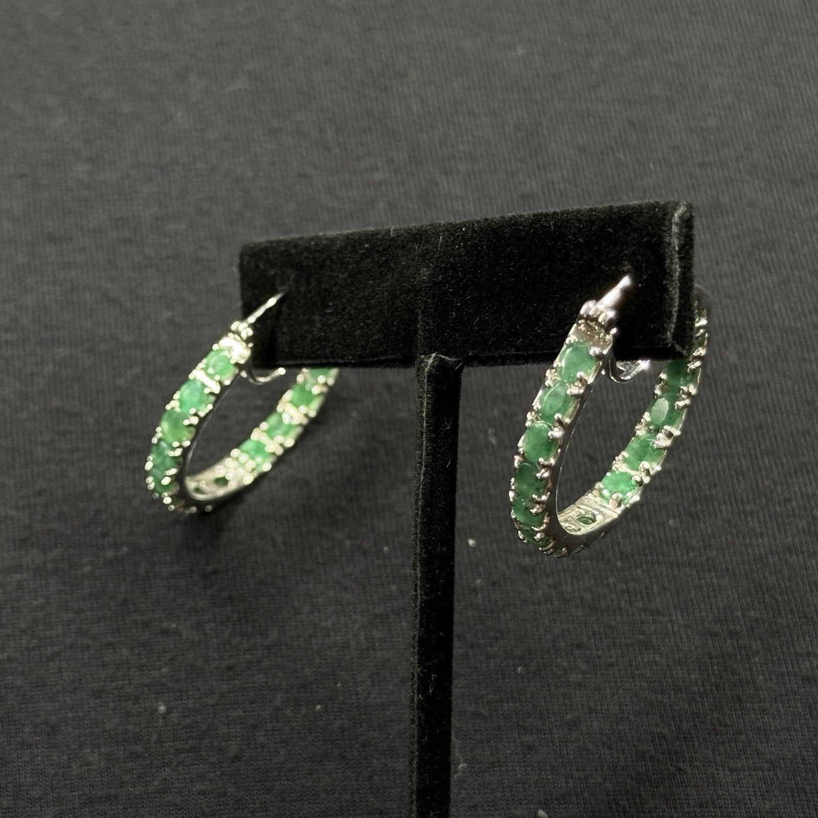 Estate Sterling Silver Earrings Emerald Hoop Djoy 925