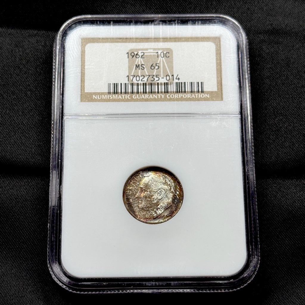1962 Roosevelt Silver Dime NGC MS65 Rainbow Toned Gem BU