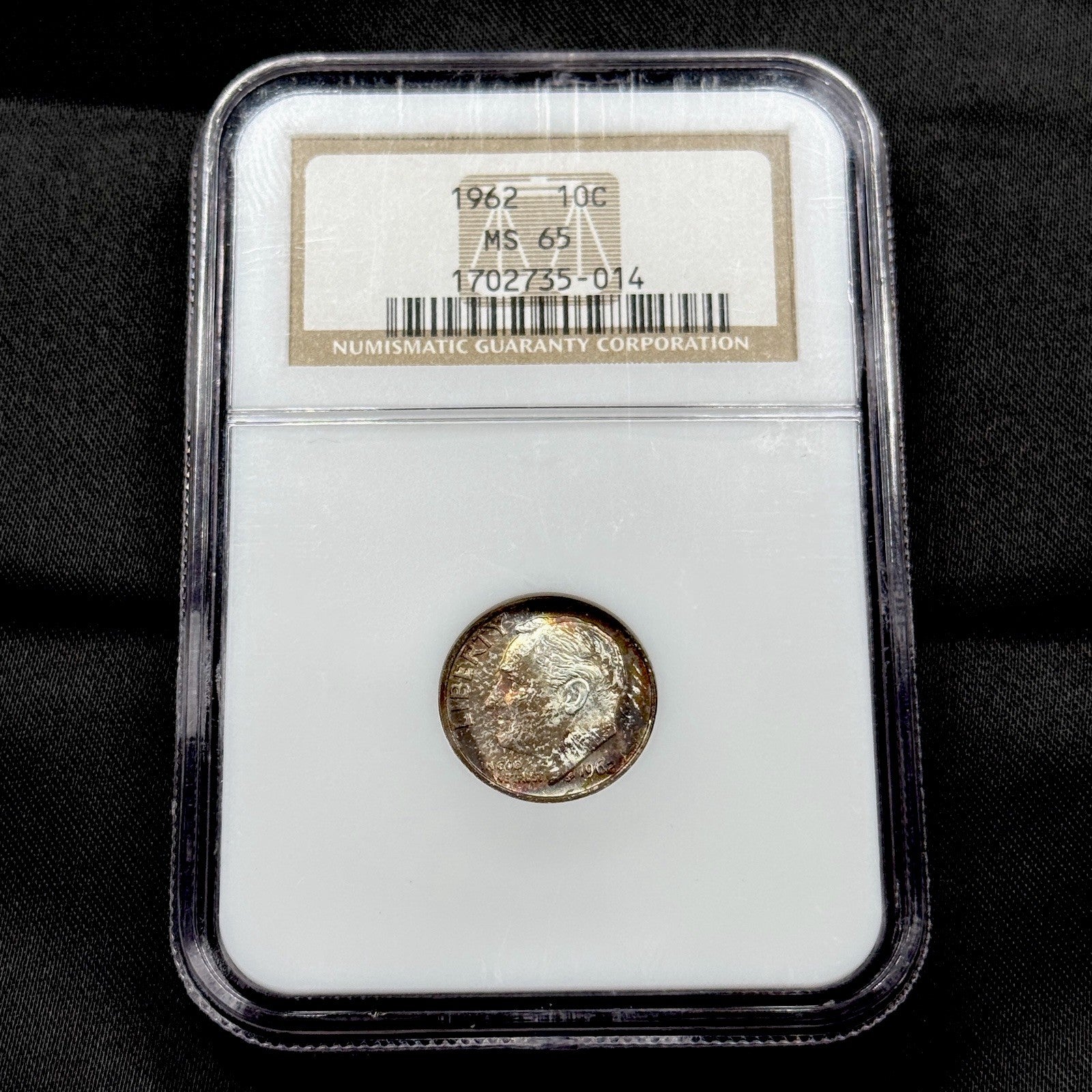 1962 Roosevelt Silver Dime NGC MS65 Rainbow Toned Gem BU