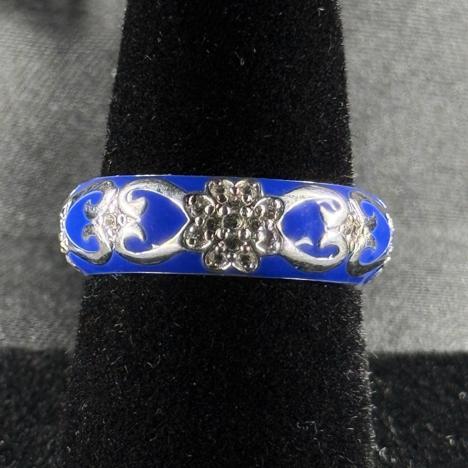 Estate Sterling Silver Ring Blue Enamel CZ Floral Size 7 925