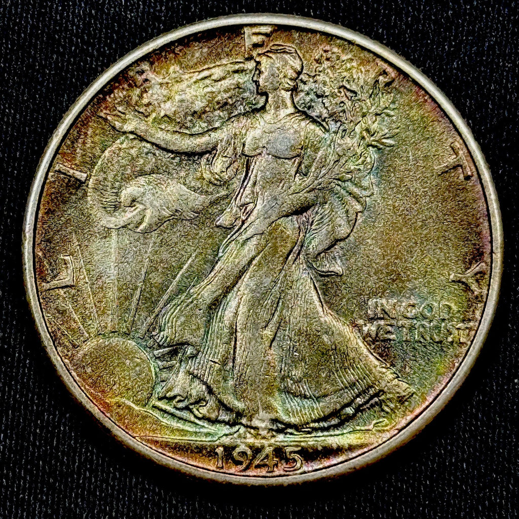 1945 Walking Liberty Half Dollar AU+ Monster Rainbow Toned Silver 50C