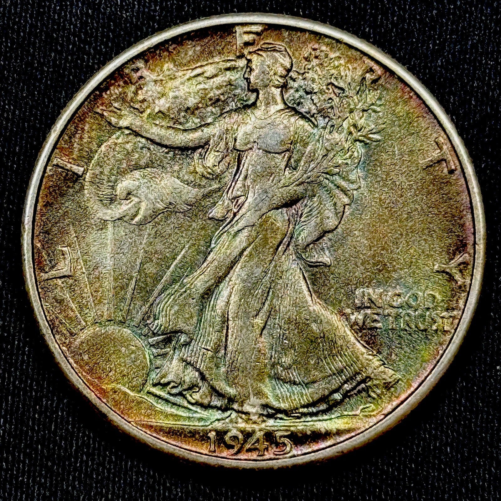 1945 Walking Liberty Half Dollar AU+ Monster Rainbow Toned Silver 50C