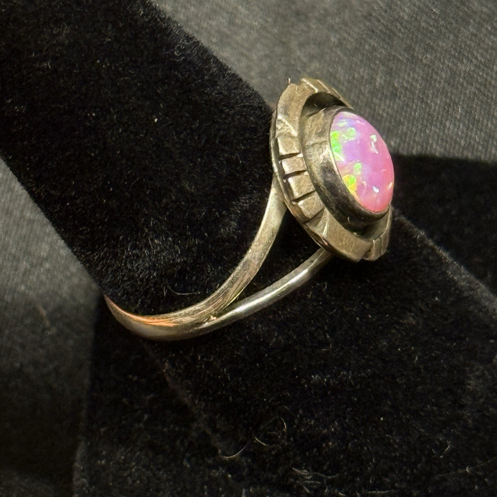 Native American Sterling Silver Ring Pink Fire Opal Signed AB Navajo Size 7