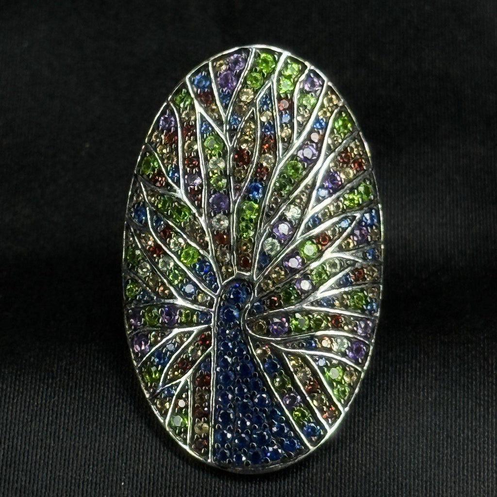 Estate Sterling Silver Ring Multi Gemstone Peacock Colorful 925 Size 8.75 BBJ