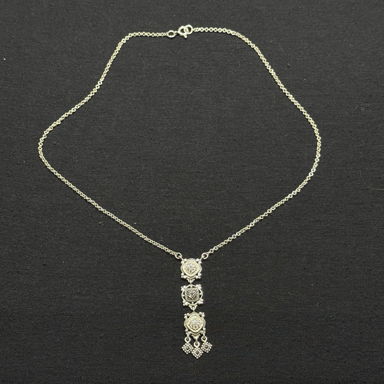 Estate Sterling Silver 925 Necklace CZ Marcasite 3 Tier 925A 19IN