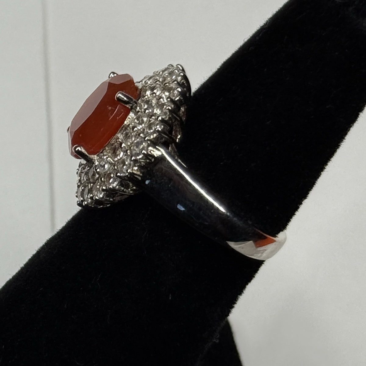 Estate Sterling Silver Carnelian Agate CZ Halo Ring Size 4.75