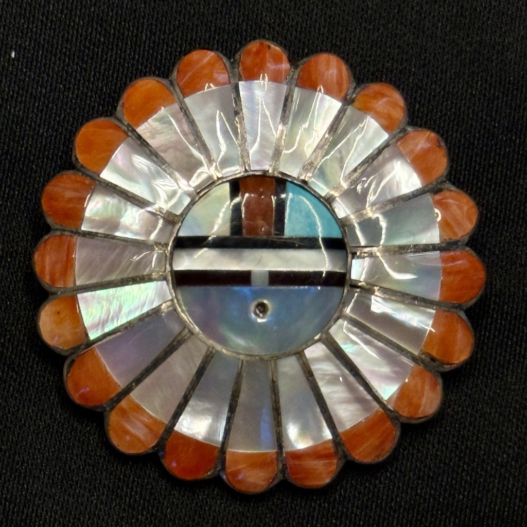 Native American Sterling Silver Pendant Inlay Sun Face  Verdel Esther Niiha Zuni