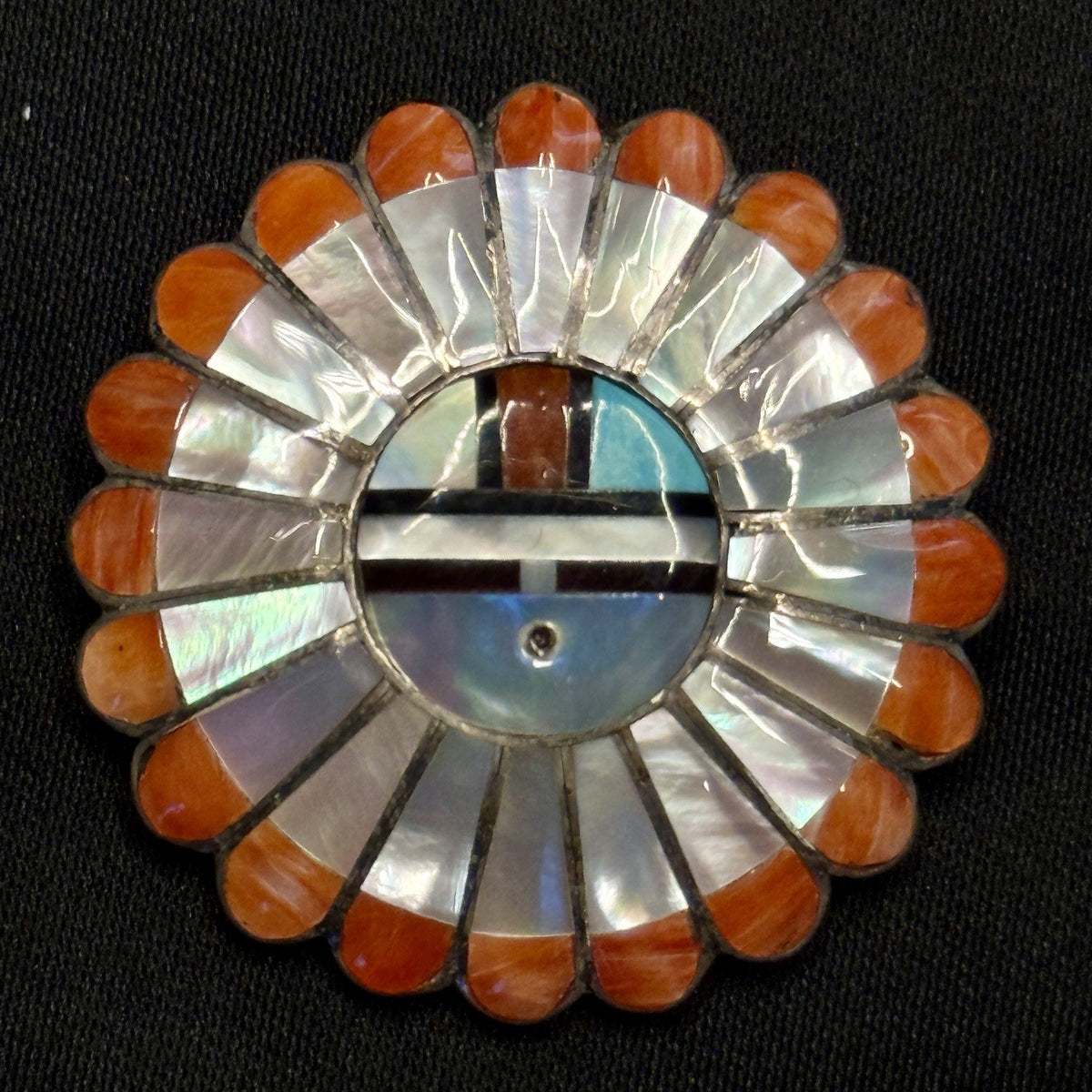 Native American Sterling Silver Pendant Inlay Sun Face  Verdel Esther Niiha Zuni