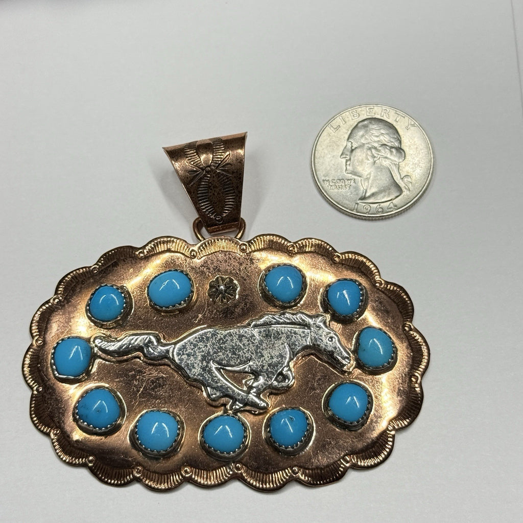 Running Bear Copper Turquoise Large Running Horse Pendant Stamped RB 925 Native