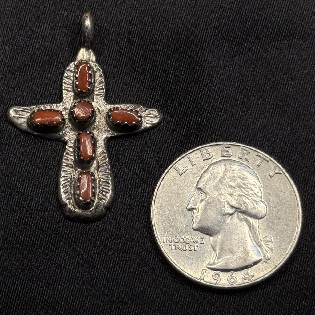 Native American Sterling Silver Pendant Coral Cactus Signed C.IULE  Zuni
