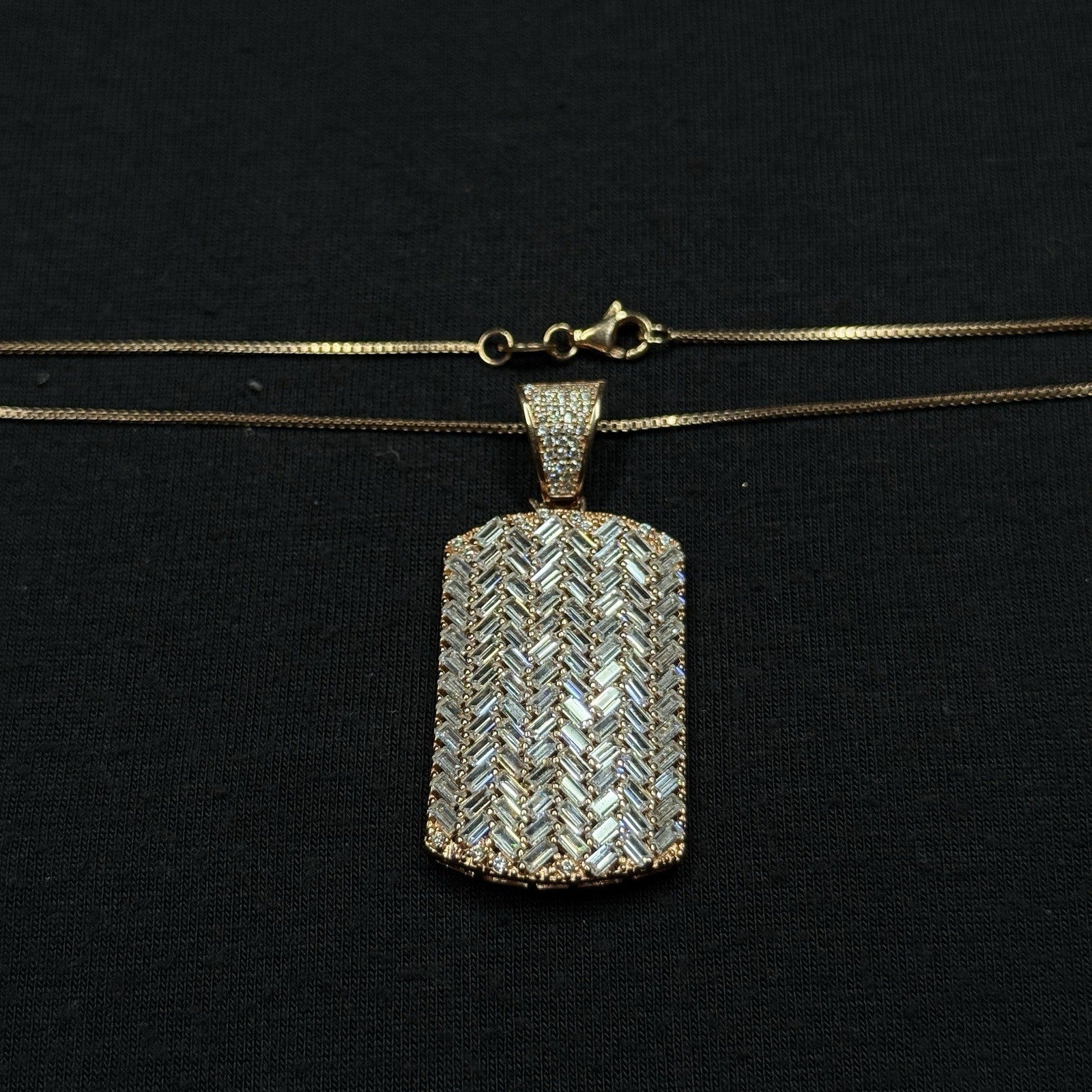 Estate Sterling Silver CZ Chevron Pendant Necklace Dog Tag Rose Gold 925 19IN