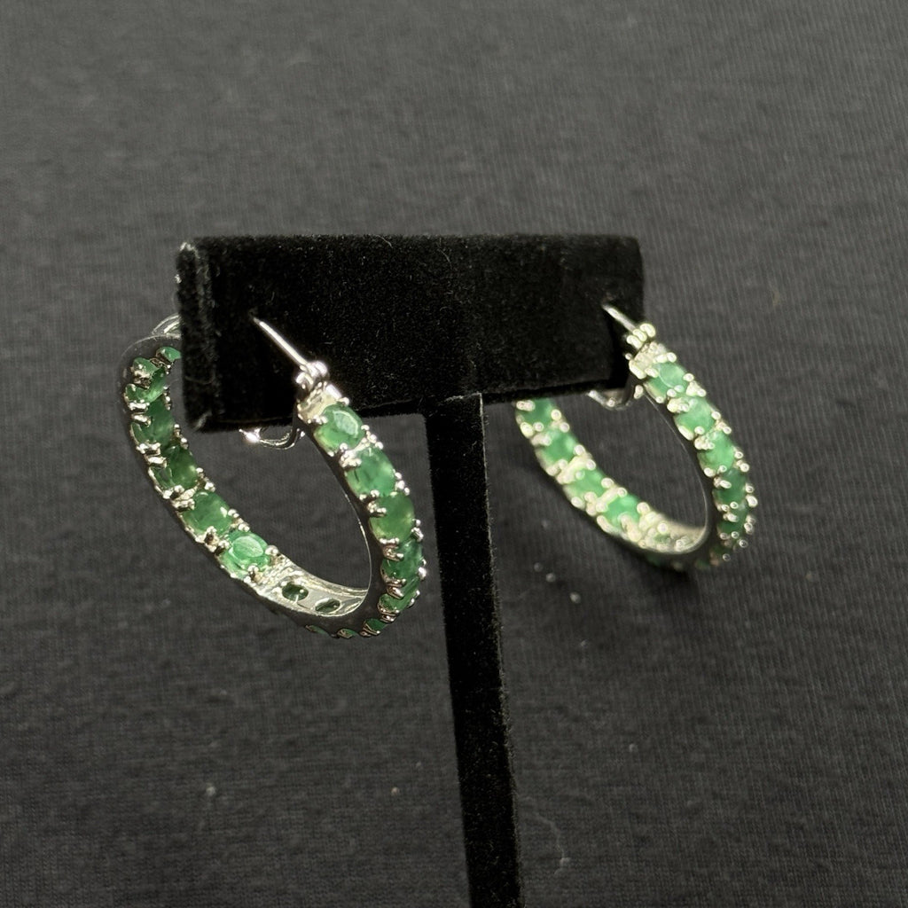 Estate Sterling Silver Earrings Emerald Hoop Djoy 925