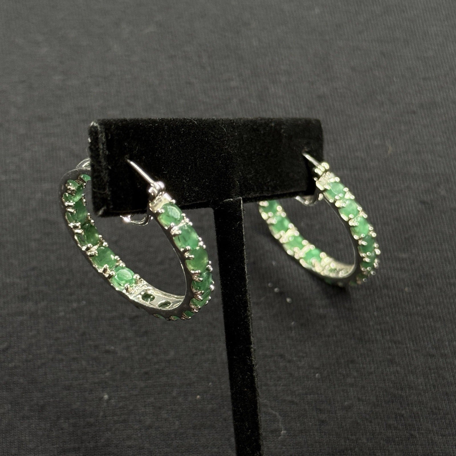 Estate Sterling Silver Earrings Emerald Hoop Djoy 925