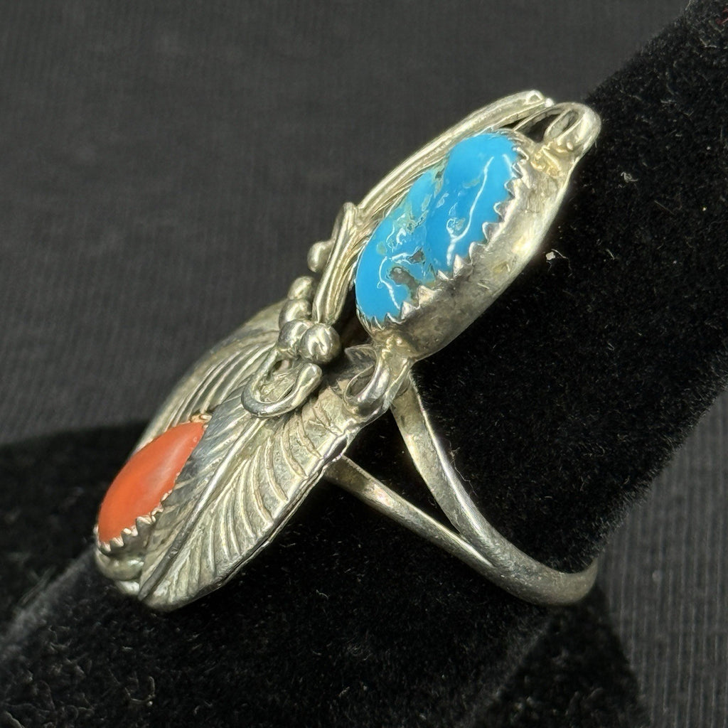 Native Turquoise Coral Feather Sterling Silver Ring Size 6.75 925 B Begay