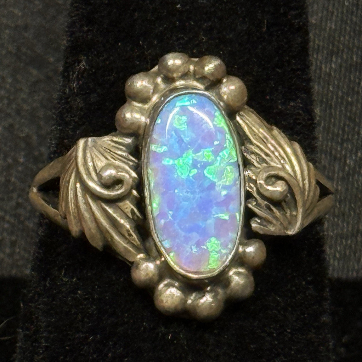 Native Running Bear Sterling Silver Ring Blue Fire Opal Signed RB Size 7