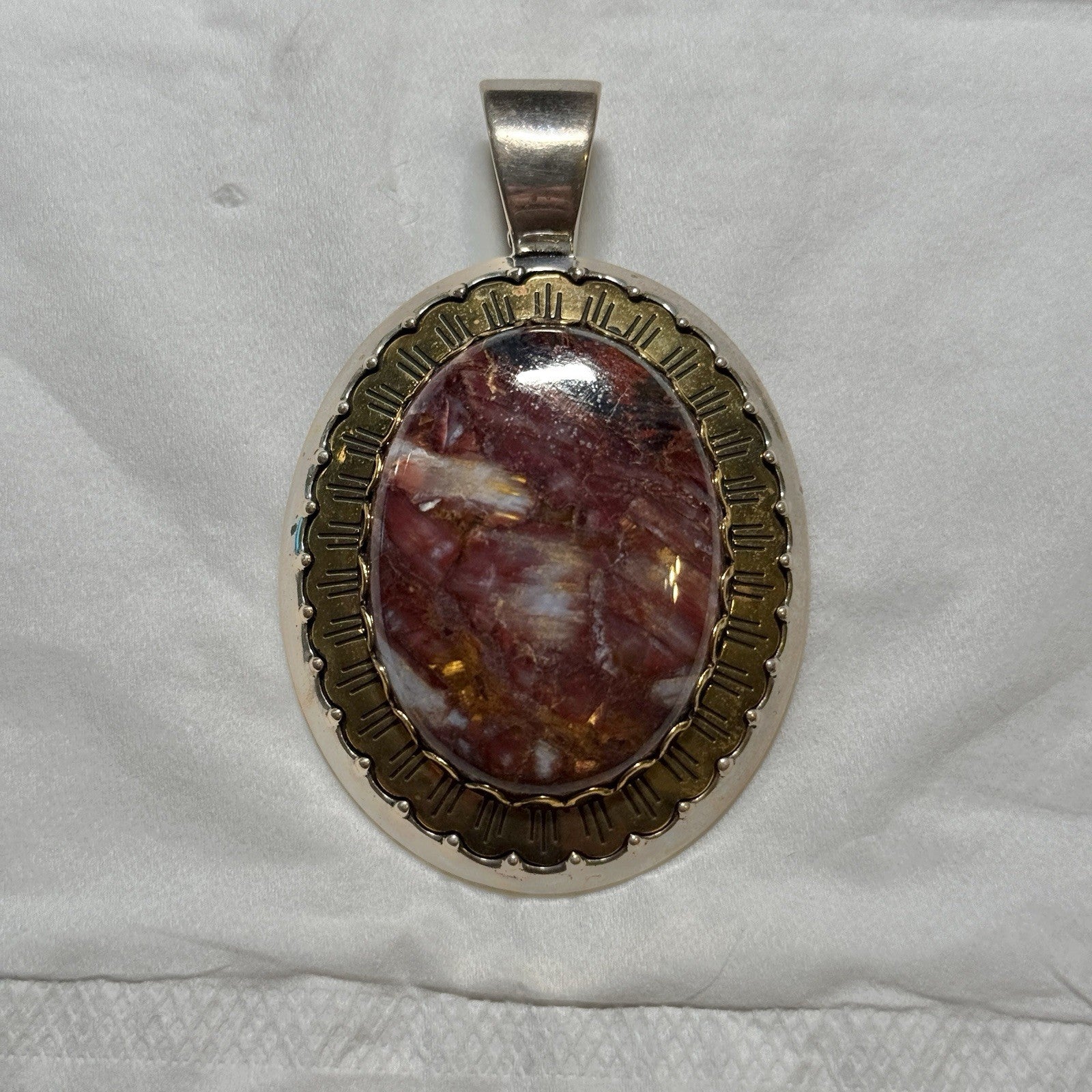Relios/Carolyn Pollack Sterling & Brass  Large Brown Marbled Jasper Pendant