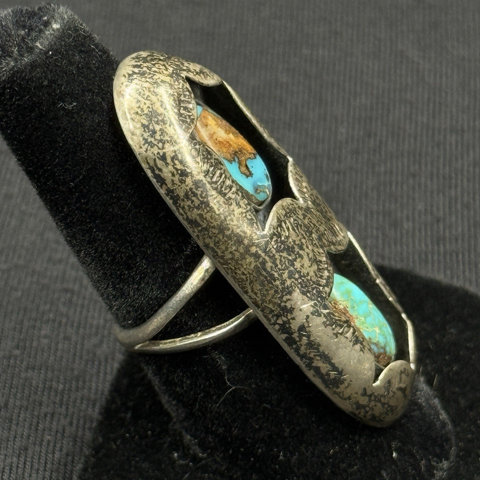 Native Double Shadow Box Turquoise Sterling Silver Ring Navajo Size 6.5 925