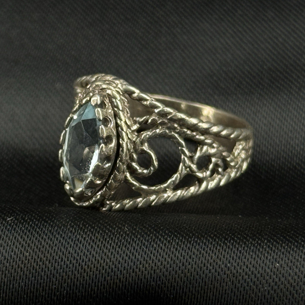 Estate Sterling Silver Ring Blue Topaz Filigree Rope Size 7 925