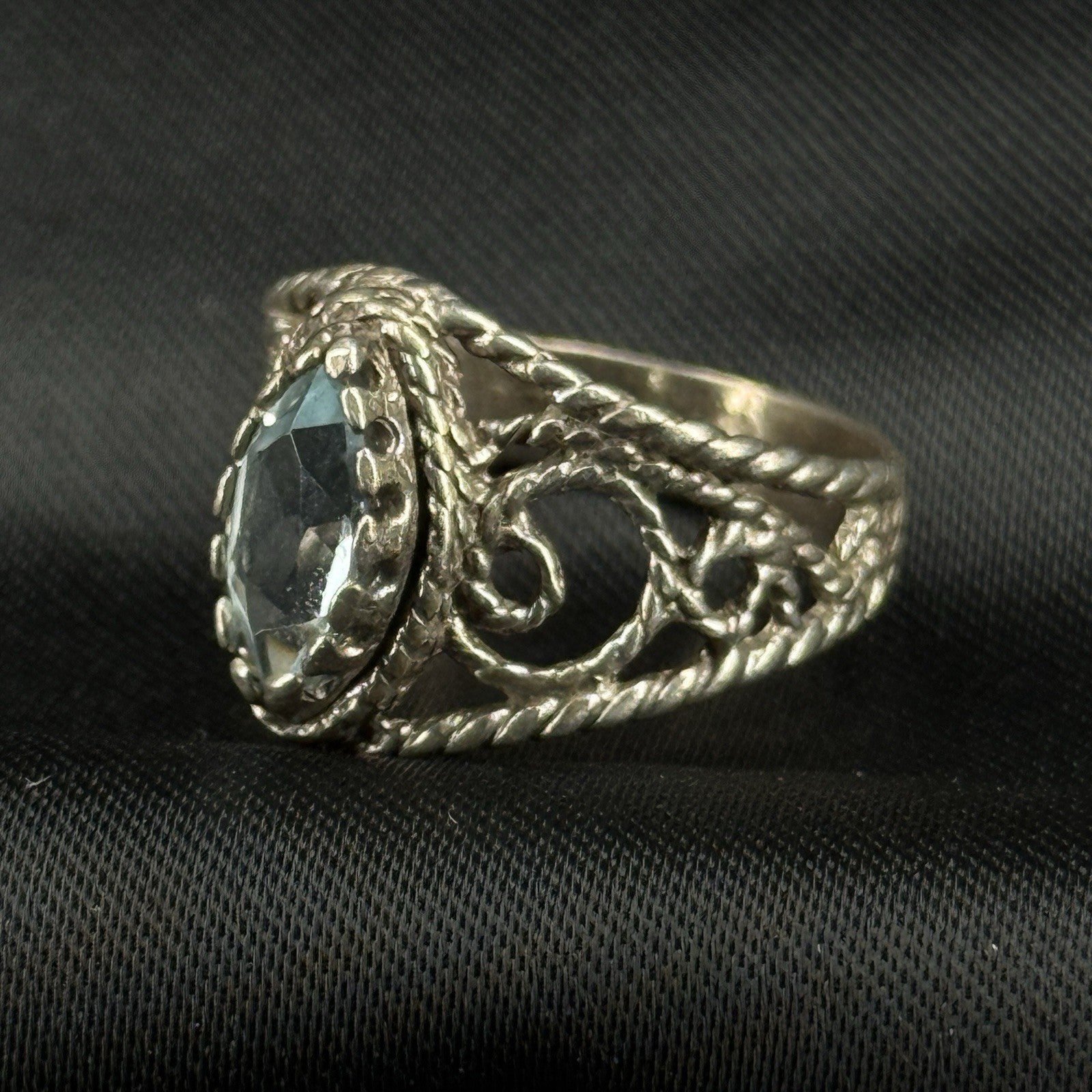 Estate Sterling Silver Ring Blue Topaz Filigree Rope Size 7 925
