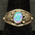 Native Running Bear Sterling Silver Ring Blue Fire Opal Signed RB Size 6.5