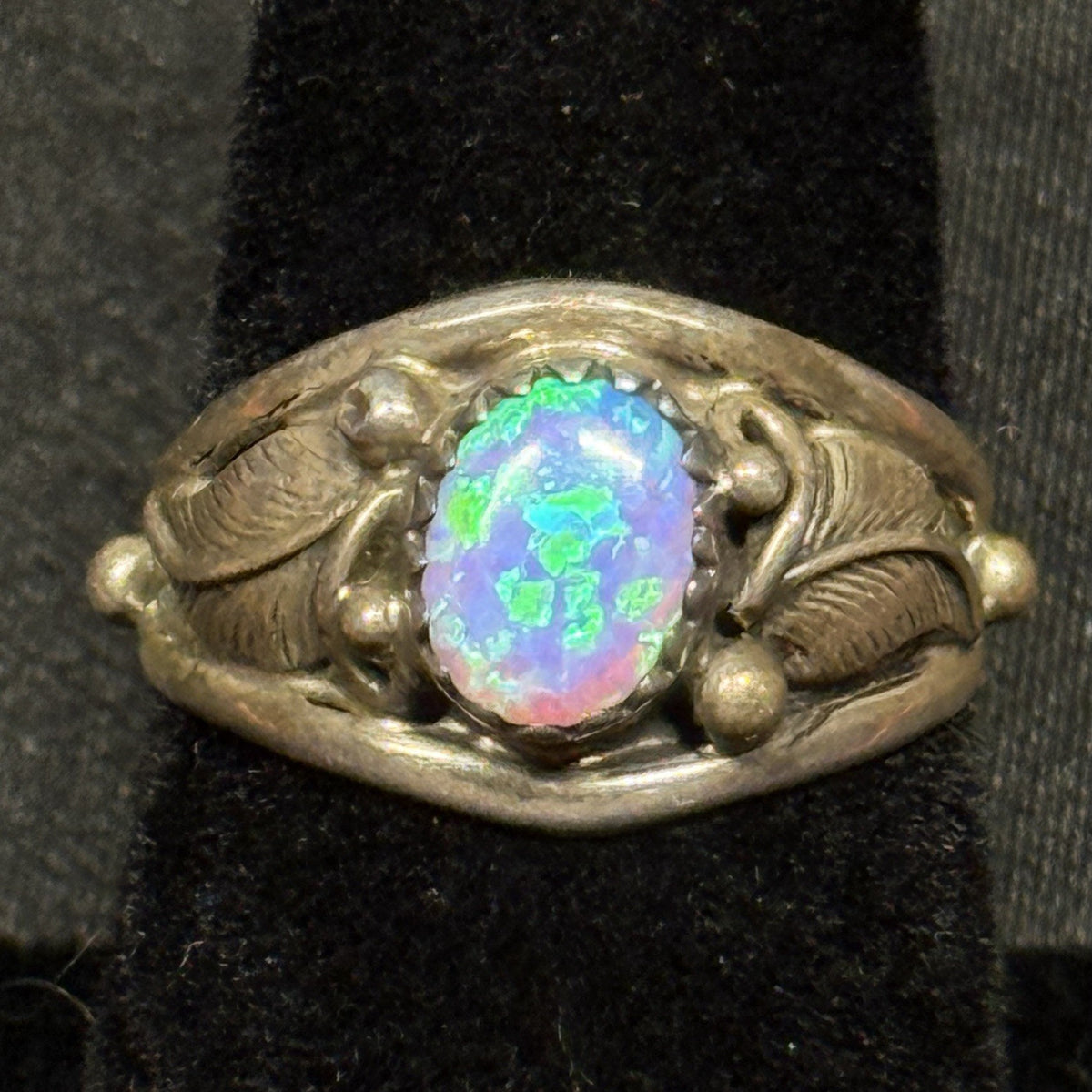 Native Running Bear Sterling Silver Ring Blue Fire Opal Signed RB Size 6.5