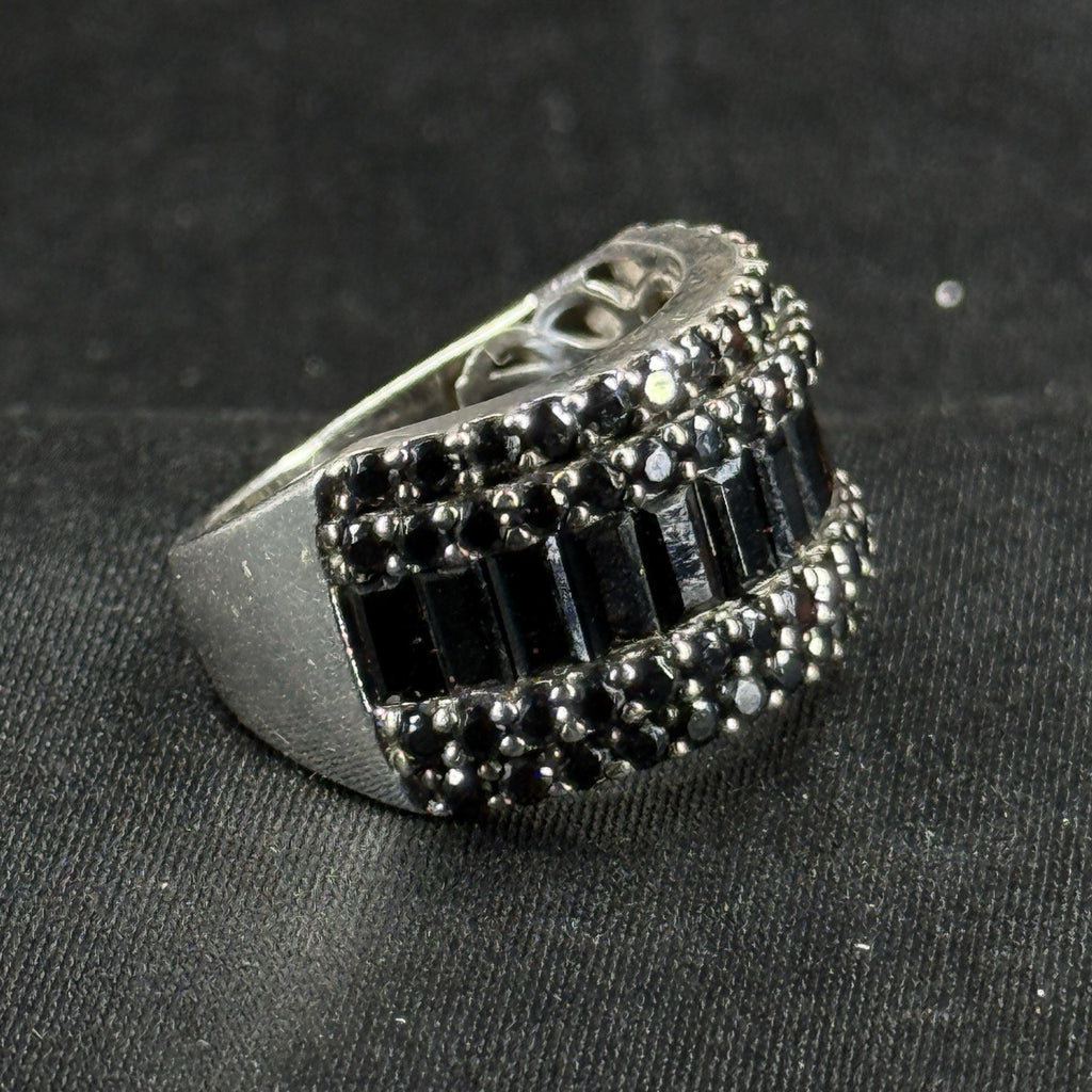 Estate Sterling Silver Ring Black CZ Baguette Cluster Thick Band 925 Size 6
