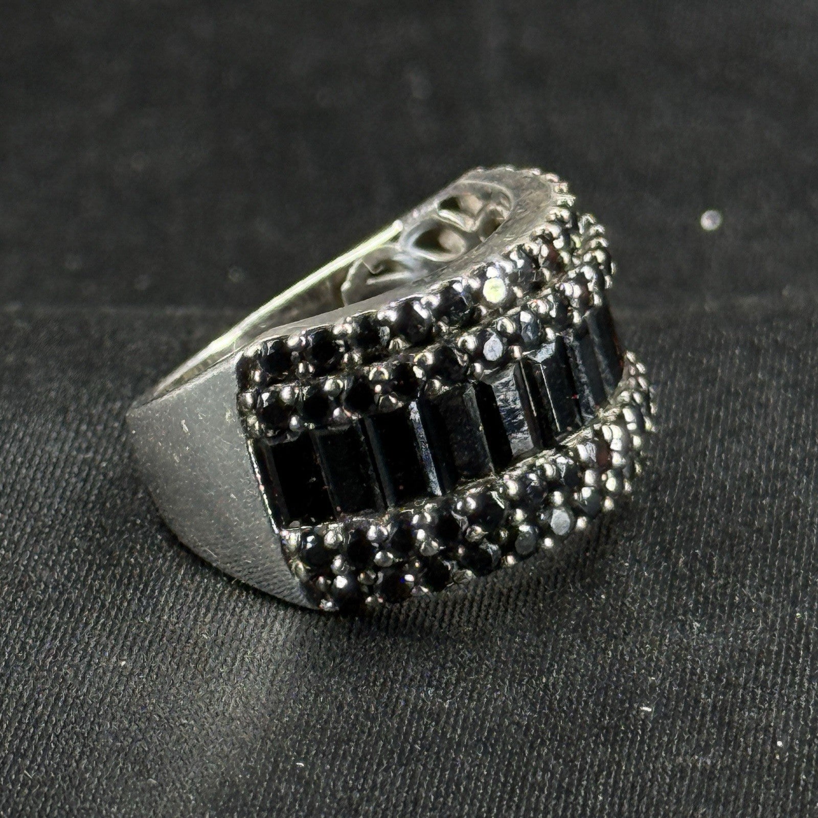 Estate Sterling Silver Ring Black CZ Baguette Cluster Thick Band 925 Size 6